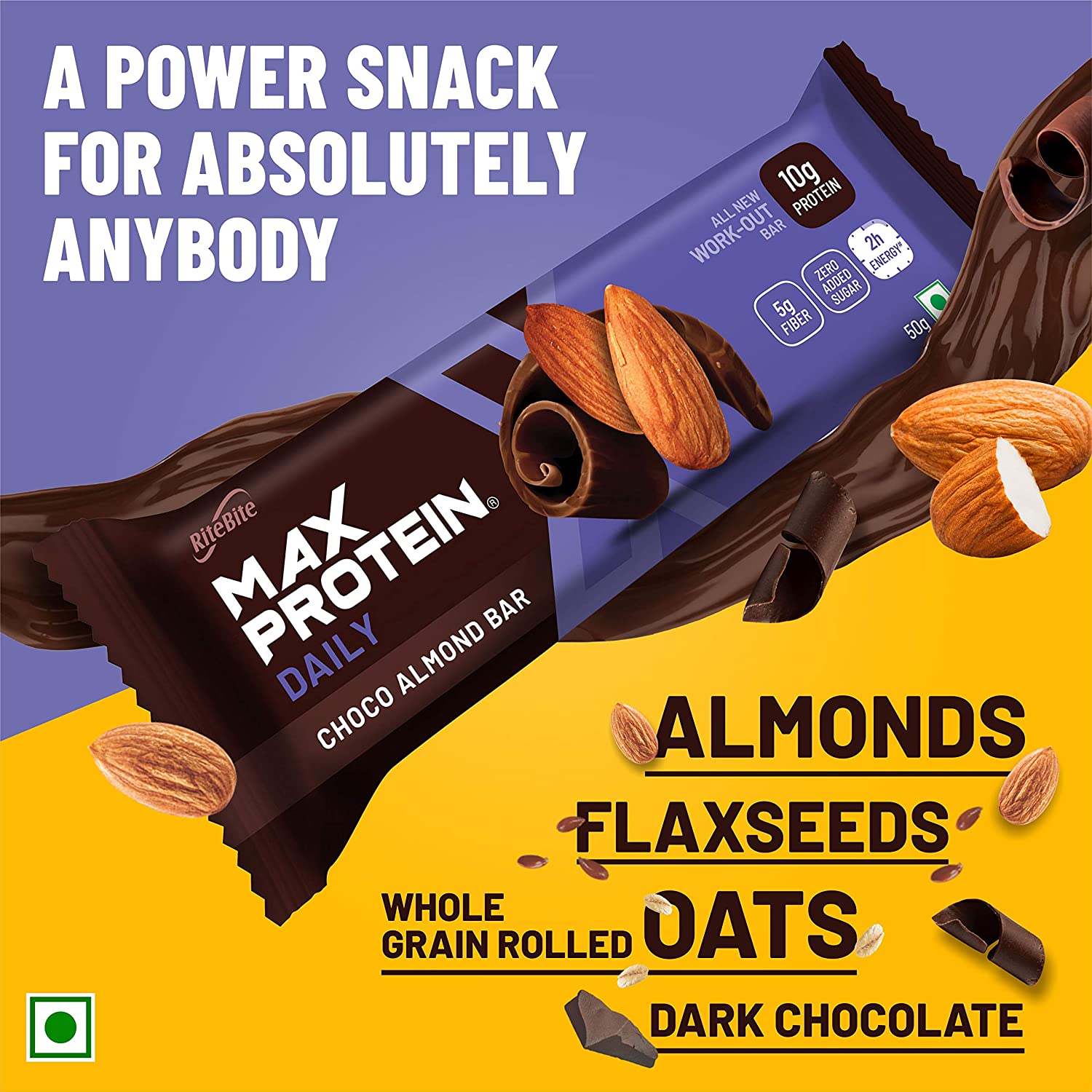RiteBite Max Protein Daily Choco Almond 10g Protein Bar [Pack of 6] 300g