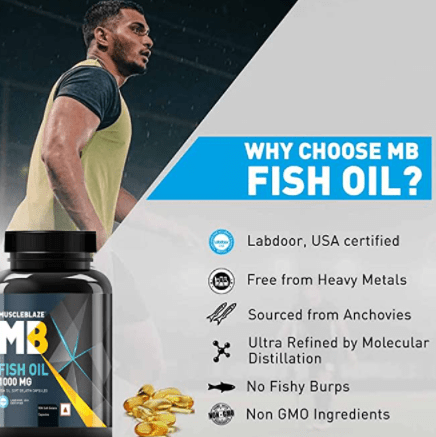 MuscleBlaze Omega 3 Fish Oil 1000 mg, India’s Only Labdoor USA Certified for Purity & Accuracy with 180 mg EPA and 120 mg DHA, 90 Capsules