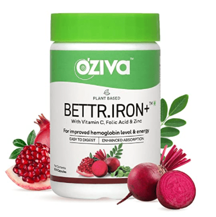 OZiva Bettr.Iron+ (Plant Based Iron, Vitamin C, Folic Acid, Zinc & Moringa) for Improved Hemoglobin, Oxygen Binding & Immunity, Iron Supplements, Certified Vegan, 60 capsules