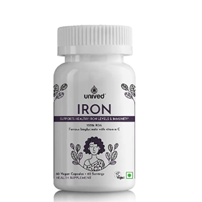 Unived Women’s Iron | Iron Supplement for Women with Ferrous bisglycinate & Vitamin C for Optimal Absorption | Essential for Vegan & Veg Diets | Zinc Free | 60 Vegan Capsules