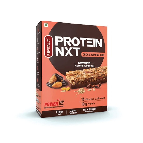 Revital H Protein NXT 10g Protein Bar Choco Almond, Powered With Natural Ginseng, Triple Blend Protein, 16 Vitamins & Minerals – 300g, 6 x 50g