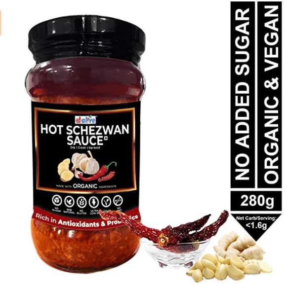 D-Alive Hot Schezwan Sauce (Tasty & Nutrient-Rich Dipping Sauce) – 280g (Sugar-Free, Organic, Gluten-Free, Low Carb, Vegan, Diabetes & Keto Friendly) – Made in Small Batches, Packed in Glass Bottles.