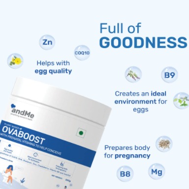 andMe OvaBoost – Plant-based drink with prenatal vitamins help to conceive Made with the goodness of CoQ10, DHA, Shatavari, Zinc, Chasteberry, Vitamin B9 and Inositol