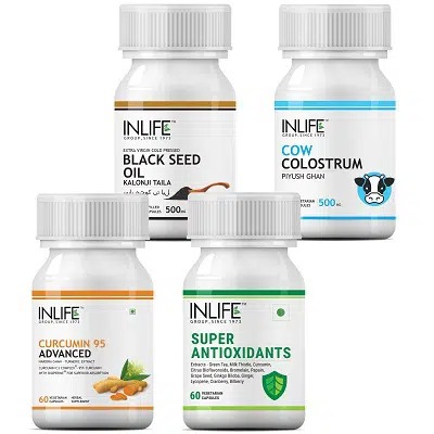 INLIFE Natural Immunity Booster Essential Combo Pack 3 – Curcumin, Super Antioxidants, Black Seed Oil & Cow Colostrum Supplements