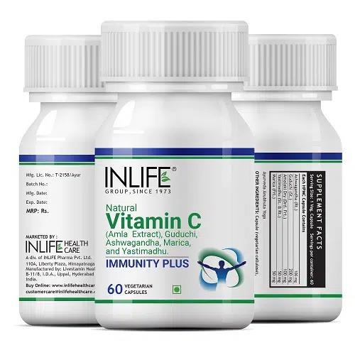 INLIFE Immunity Plus Amla (Vitamin C), Guduchi, Ashwagandha, Licorice, Marica Supplement, 500mg – 60 Vegetarian Capsules