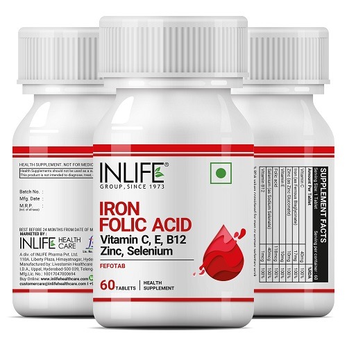 INLIFE Chelated Iron Folic Acid Supplement With Vitamin C, E, B12, Zinc & Selenium- 60 Tablets