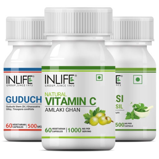 INLIFE Natural Immunity Essential Combo Pack 1 – Amla (Natural Vitamin C), Guduchi (Giloy) & Tulsi Supplement