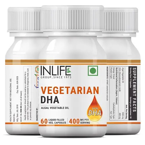 INLIFE Vegetarian DHA, Omega 3 Algal Oil Supplement, 400mg Per Serving – 60 Vegetarian Capsules