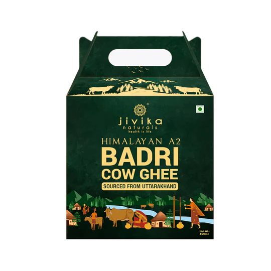 Jivika – Himalayan A2 Badri Cow Ghee 500ml | Vedic Bilona Ghee from Uttarakhand | Hand-churned from Whole Curds | A2 Milk from Free Grazing Badri Cows | (Glass Bottle 0.5 Litre)