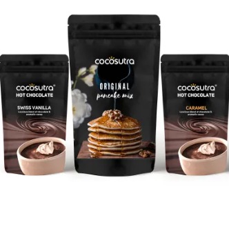 Cocosutra-Breakfast & Snack Bundle – Pancake & Hot Chocolate Mix | Original Pancake 300gm & Swiss Vanilla + Caramel Hot Chocolate (100gm Each)