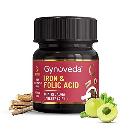 Gynoveda Iron Folic Acid Supplement | Ayurvedic Blood Builder for Hemoglobin lost in Periods | Rich in Calcium, B9, B12, Vitamin C from Amla | Helps in Anemia, Pregnancy | 1 Bottle, 60 Tablets