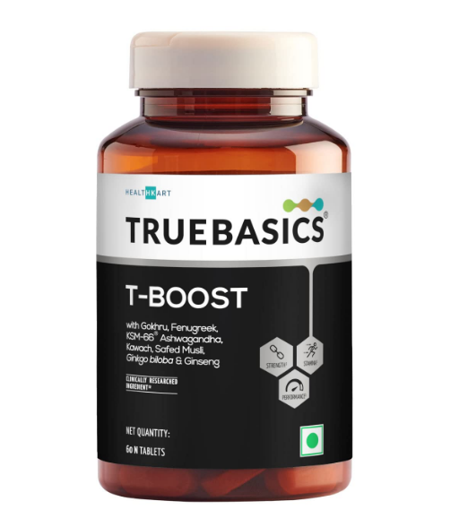 TrueBasics T-Boost, Testosterone Supplement for Men, with KSM 66 Ashwagandha, Safed Musli, Gokshura, & Ginseng, for Energy, Stamina, & Muscle Strength, Clinically Researched Ingredient, 60 Tablets