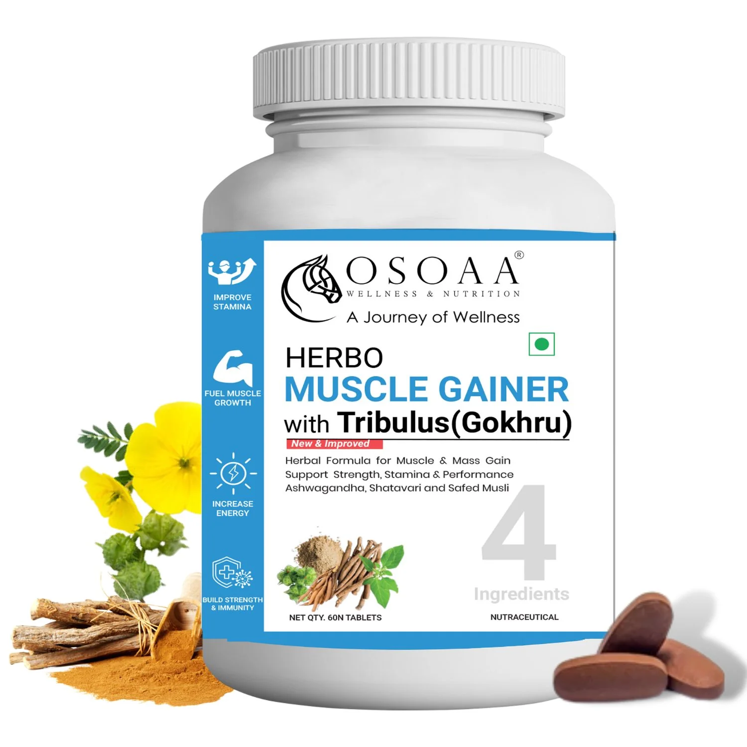 Osoaa Herbo Muscle Gainer With Tribulus 60 Tabs for Men| 100% Herbal Muscle Mass Gain Supplement | Improves Energy, Stamina & Focus